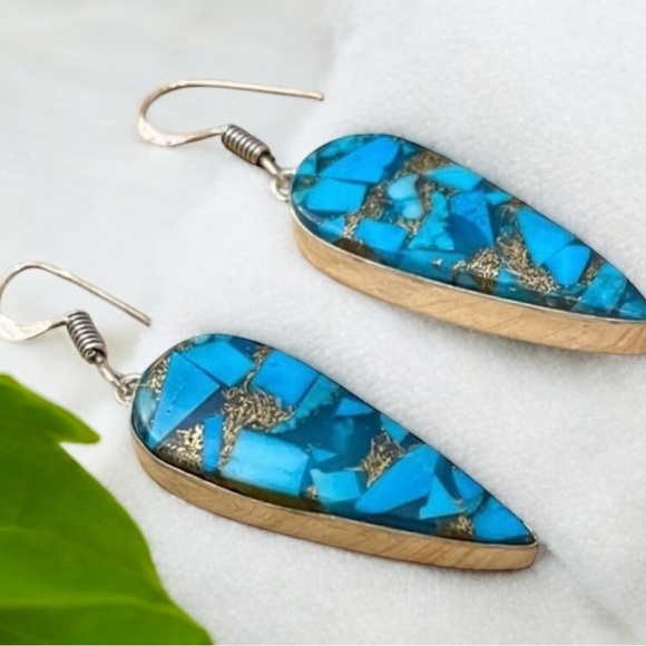 Copper Blue Turquoise Silver Earrings - Picture 2 of 4